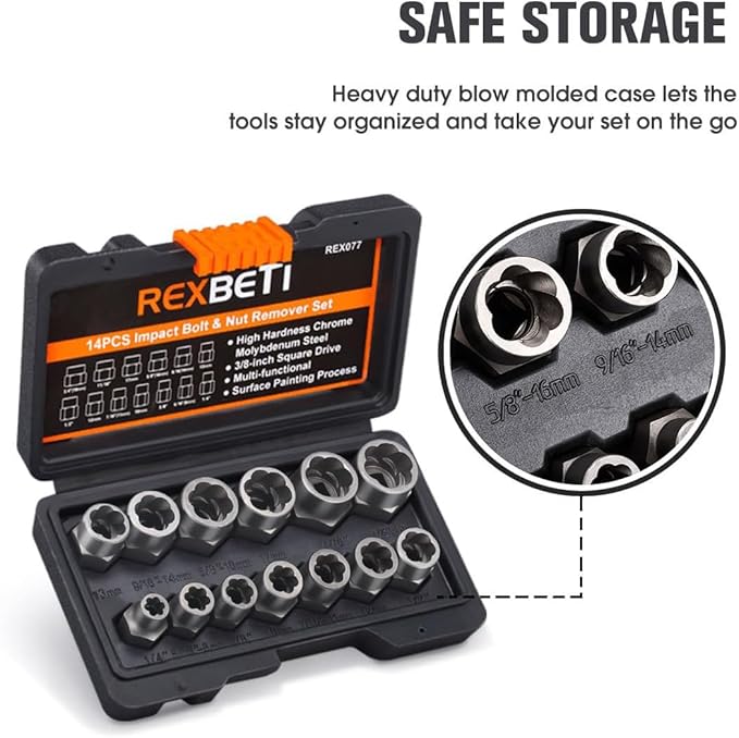 REXBETI Impact Bolt & Nut Remover Set, 13+1 Pieces Bolt Extractor Tool Set with Solid Storage Case