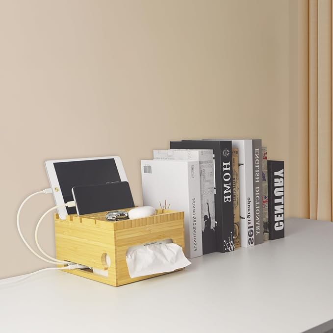 Eco-Friendly Bamboo Device Charging Stasion Organizer - Multi-Devic Manager, Cell Phone Holder and Tissue Box Combination Design - Multi-Device Charging Station, Home Charging Station