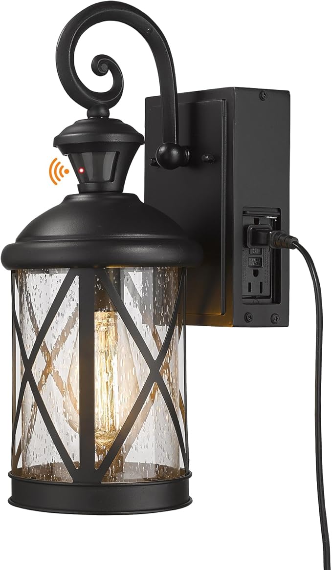 Darkaway Motion Sensor Outdoor Wall Light, Dusk to Dawn Outdoor Porch Light with GFCI Outlet Waterproof Exterior Wall Sconce with Seeded Glass Black Wall Mount Lighting Fixture for House Patio Garage