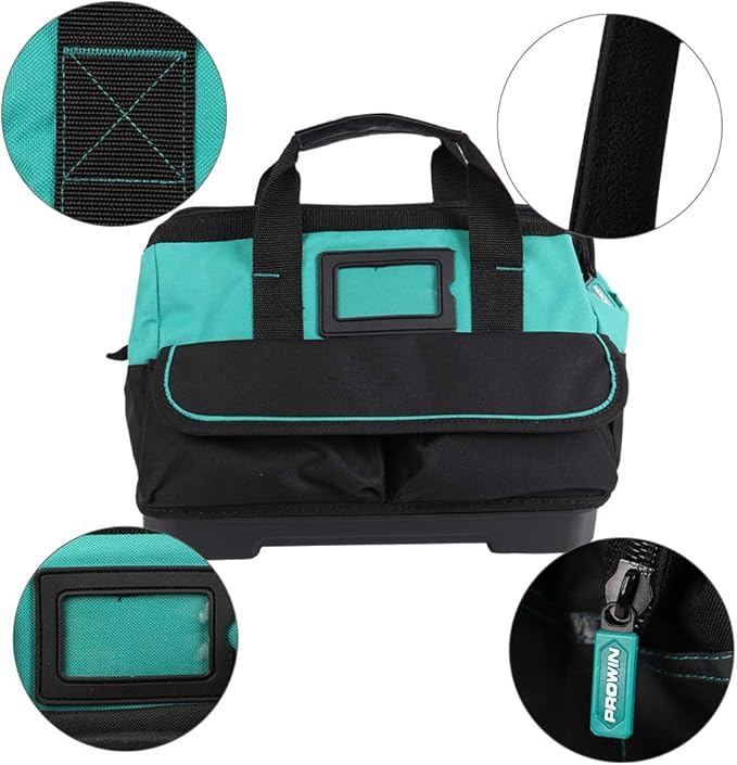 Prowin 14-inch Tool Bag, Multi-pocket Tool Organizer with Plastic Waterproof Bottom, Wide Mouth Tool Tote Bag with Inside Pockets for Construction, Carpentry, Gardening, Electrician, DIY