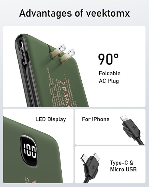 VEEKTOMX Portable Charger with Built in Cables 10000mAh, Power Bank for iPhone with Wall Plug, Travel Essential Fast Charging USB C Slim External Battery Pack for iPhone16/15/14, Samsung, iPad, etc