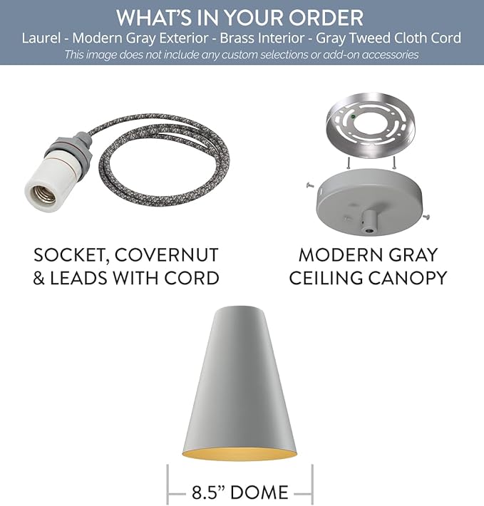 Steel Lighting Co. Laurel Pendant Light | Ceiling Mounted | 8.5 inch Cone Shade | Modern Contemporary Farmhouse Style Made in America | Gray Tweed Cloth Cord | Modern Gray Exterior/Brass Interior