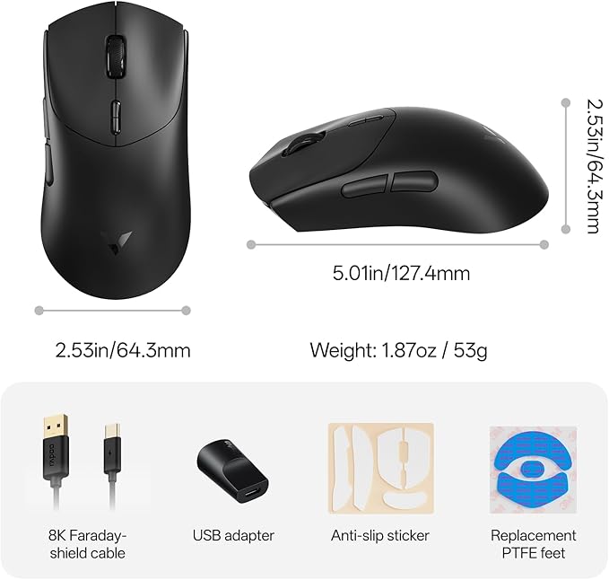 Rapoo VT7 Wireless Gaming Mouse, True 8K Wireless Polling Rate, 53g Lightweight, Up to 500 Hr Battery, Nordic nRF54L15 MCU, 100-Million Mechanical Switch, 10 Programmable Buttons, Black