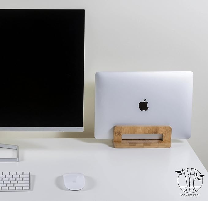 S&A WOODCRAFT Bamboo Wood Vertical Laptop Stand, Adjustable Wooden Laptop Holder, Non-Slip Laptop Dock Compatible with Apple MacBook, Microsoft Surface, Gaming Laptops, IPad, Tablets