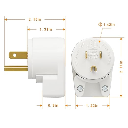 12-Direction Adjustable Right Angle Nema 5-15P 15A 125V Rewireable AC Plug - White, ETL Verified
