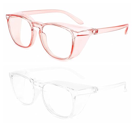 Alsenor Safety Glasses Anti Fog Goggles Protective Eyewear Blue Light Blocking Anti Dust UV Protection Glasses For Men Women (2 Pack (Pink + Clear))