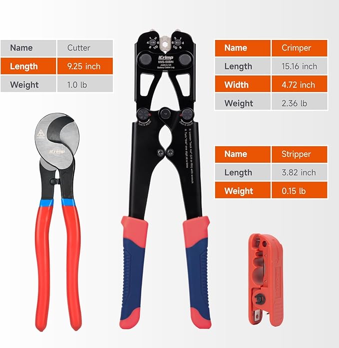 iCrimp Battery Cable Lug Crimping Tool Kit for Copper Lugs Awg 8-1/0,Battery Cable Crimper with 90pcs Copper Battery Lugs/Heat Shrink Tube
