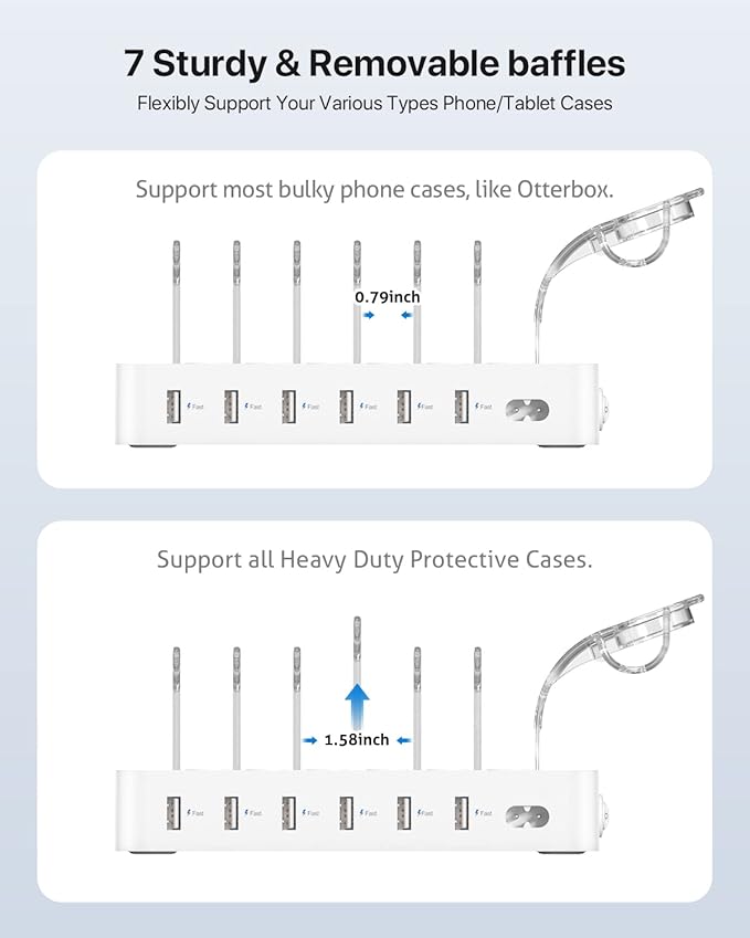 SooPii Premium 6-Port USB Charging Station Organizer for Multiple Devices, 6 Short Charging Cables and One Upgraded i-Watch Charger Holder Included, for Phones, Tablets, and Other Electronics, White