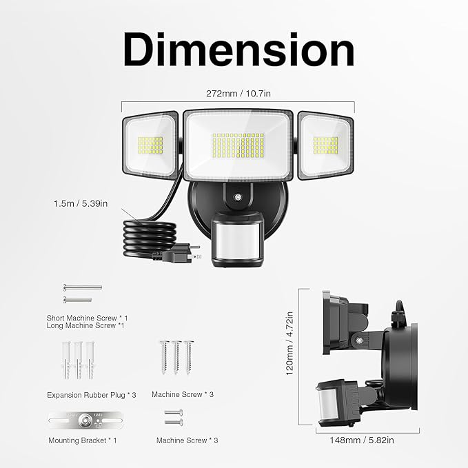 Onforu 65W LED Motion Sensor Outdoor Lights Plug in, Dusk to Dawn Flood Security Lighting Outside, Motion-Activated Detector Exterior Photocell Light Fixture, 6500LM 6500K IP65 Waterproof (Black)