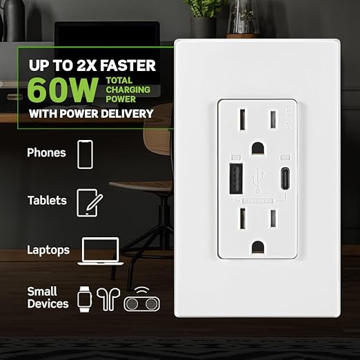 Leviton T5634-G 60W (20V@2.5A+ 5V@2A) USB Dual Type A/Type-C Power Delivery in-Wall Charger with 15A Tamper-Resistant Outlet, USB Charger for Smartphones, Tablets, Laptops, Gray