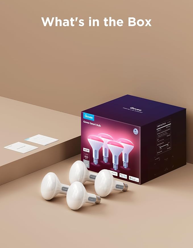 Govee BR30 Smart Light Bulbs, Works with Matter, Alexa and Google Assistant, LED Light Bulb, WiFi RGBWW Color Changing Flood Light Bulbs, Recessed Can Light Bulb, 2.4Ghz only, 850 Lumen, 4 Pack