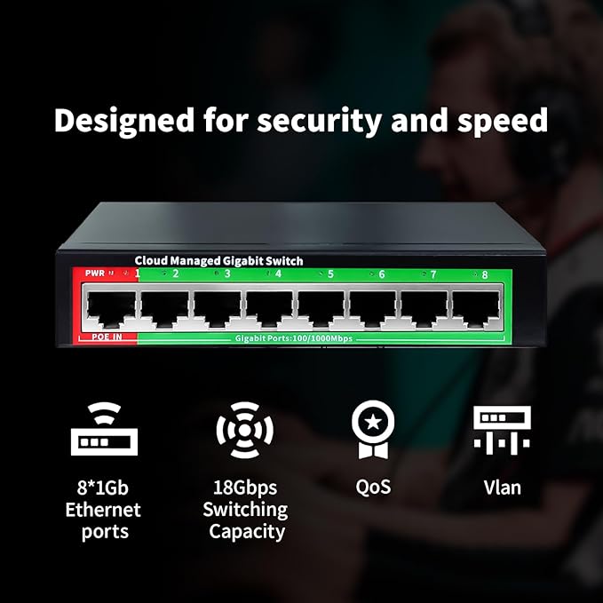 STEAMEMO 8-Port Gigabit Ethernet Switch | Smart Managed with VLAN & QoS | Plug & Play Desktop/Wall-Mount Network Hub w/ PoE in Design | Metal Housing & Web Managed(Includes Power Adapter)