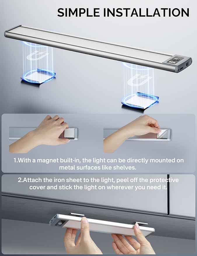 Under Cabinet Lighting with LED Numeric Display,3 Color Temps&Dimmable lights, Under counter lights for kitchen with 68 LED, Wireless Motion Sensor Light indoor, Stick-On Magnetic Closet Light(2 Pack)