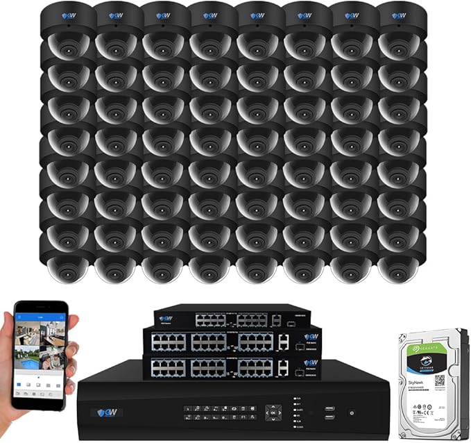 GW Security 64 Channel 12MP NVR UltraHD 4K Face Recognition/Human/Cars Detection PoE Security Camera System with 64 x 8MP Waterproof Microphone 130° Wide Angle Outdoor Indoor Dome Cameras (Black)