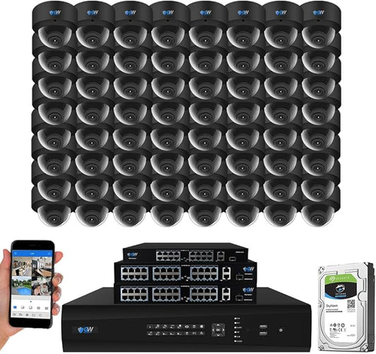 GW Security 64 Channel 12MP NVR UltraHD 4K Face Recognition/Human/Cars Detection PoE Security Camera System with 64 x 8MP Waterproof Microphone 130° Wide Angle Outdoor Indoor Dome Cameras (Black)