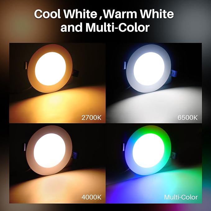 Peteme Smart LED Recessed Lighting 4 Inch, IC Rated ETL Certified Canless Recessed Ceiling Light RGBCW Color Changing Slim Downlight for Outdoor Soffit, Work with J-Box for Alexa, 10W 800LM 6Pcs