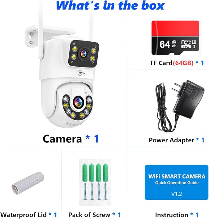 Dual Lens Linkage 8MP Pan/Tilt WiFi PTZ Security Camera Outdoor 2Pack, Auto Tracking, Human Detection, Light Alarm, Color Night Vision,Siren, Plug-in Cable,2.4G WiFi,SD Card Slot with TF64G Card