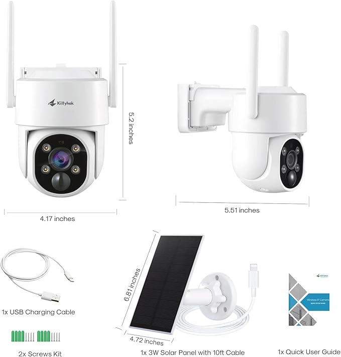 Kittyhok PT Solar Camera Security Outdoor | 2K FHD Security Camera Wireless Outdoor, Solar Battery Powered, Color Night Vision, Smart Detection, IP66 Weatherproof, Local Recording for Home Security