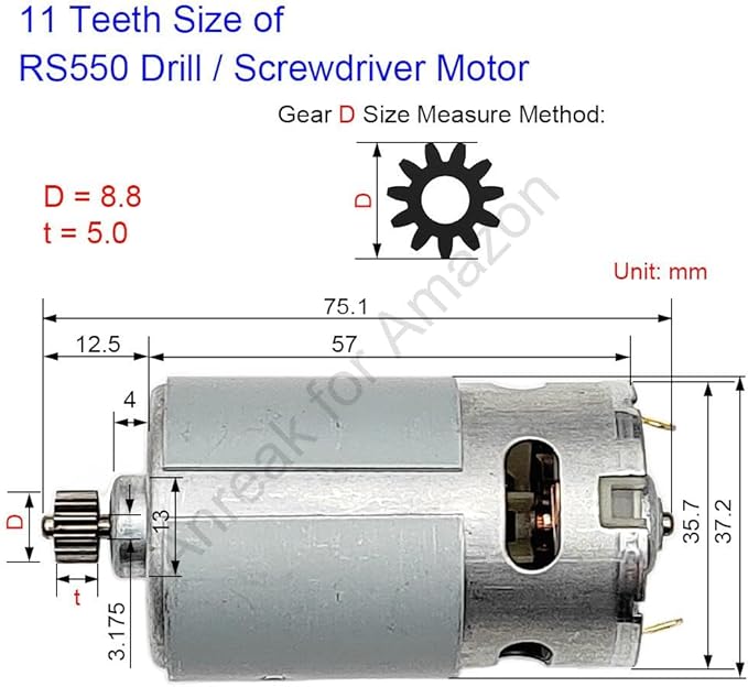 RS550 10.8V 11 Teeth (Φ8.8mm) Brushed Motor for Drill, 9.6-25V 9-15 Teeth 25000 RPM Motor for Rechargeable Screwdriver and DIY