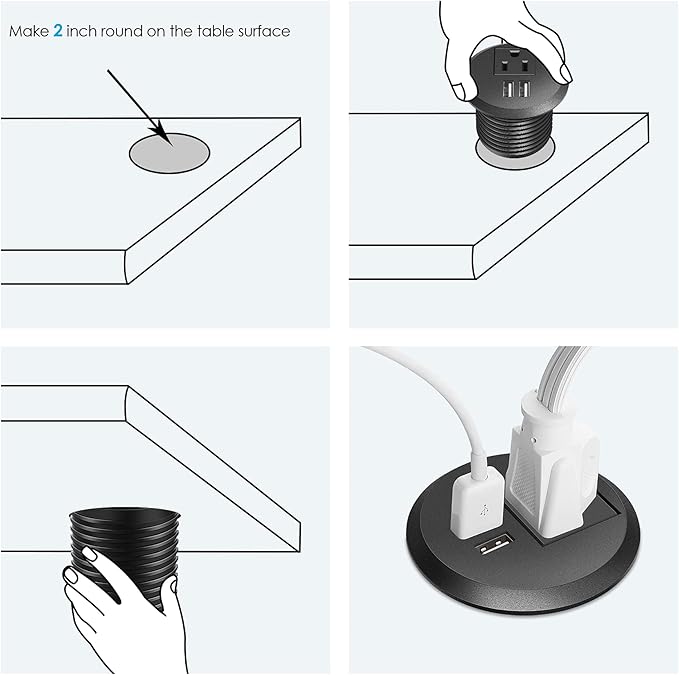 Jgstkcity Desktop Power Grommet, 2 inch, Black, 1 AC Outlet and 2 USB Ports, 6.56ft Cable, Fire Resistant Outer Shell