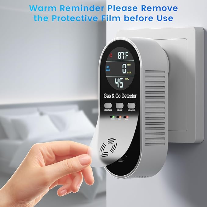 5 in 1 Carbon Monoxide Detectors Plug in with Temperature Humidity Sensor Built in Battery Backup, Natural Gas Leak Detector with Clear LED Display Sound & Light Warning for Home/Hotel, 2Pcs, Black.