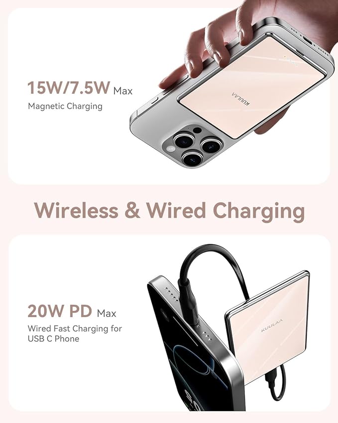 Kuulaa Magsafe Battery Pack 0.27'' 5000mAh Ultra Slim Magnetic Portable Charger Power Bank Support USB C PD 20W Fast Charging, Compatible with iPhone 16 Pro Max/15/14/13/12 Mini, Pink
