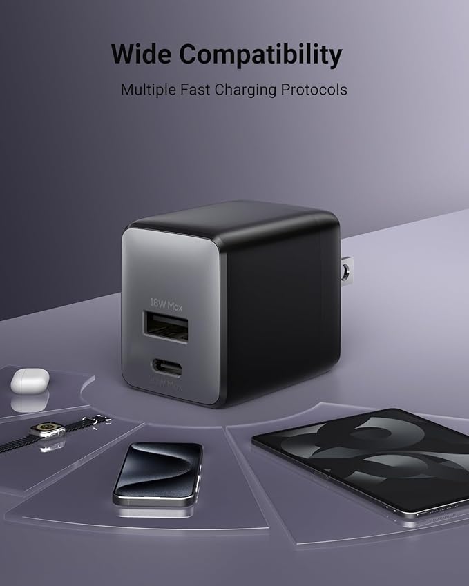 USB C Fast Charging Charger, 30W Dual-Port GaN Nano Charger with Foldable Plug for iPhone 16/15 Series, iPad, Galaxy S24 Ultra and More Series, (Black, 2 Pack)