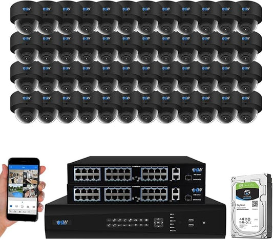 GW Security 64 Channel 12MP NVR UltraHD 4K Face Recognition/Human/Cars Detection PoE Security Camera System with 48 x 8MP Waterproof Microphone 130° Wide Angle Outdoor Indoor Dome Cameras (Black)