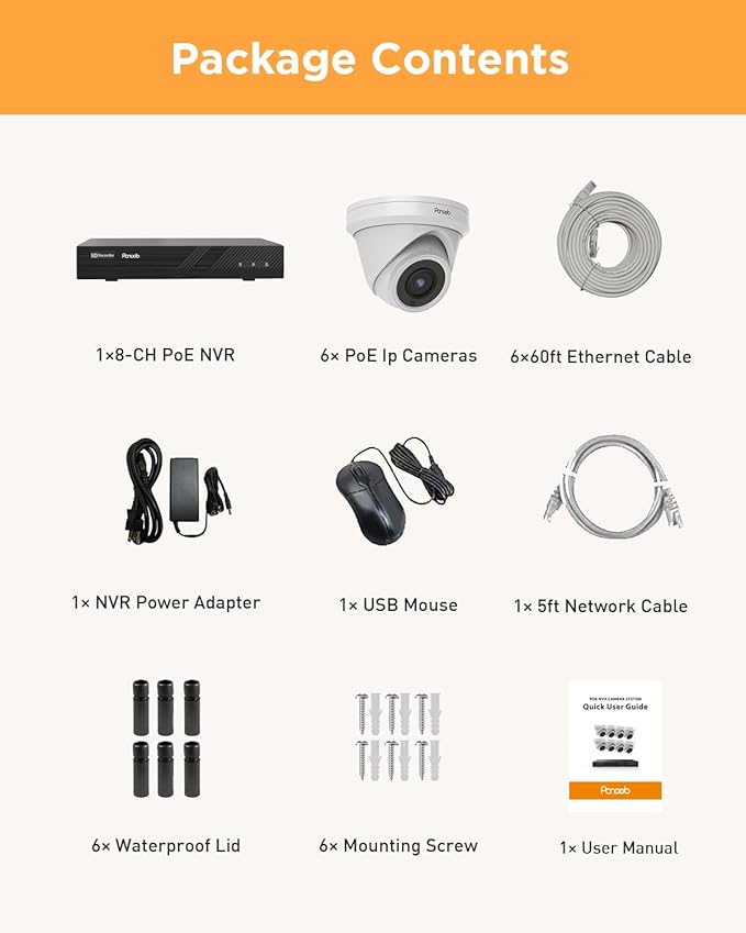 NVR Security Camera System 8 Channel, 6X 5MP Wired Surveillance IP Dome Turret Camera with Person Detection for Home Security, 100ft IR Night Vision, 4K 8CH PoE NVR 2TB HDD, PD93A0608-5M