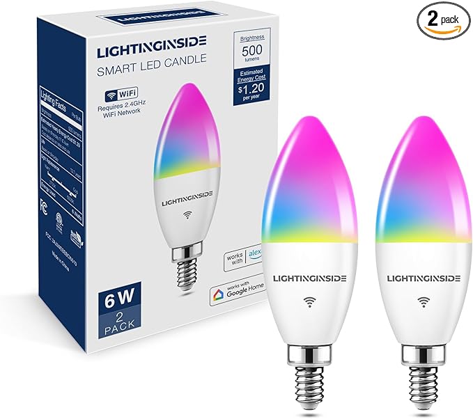 E12 Smart Light Bulbs 60W Equiv., Work with Alexa/Google Home/Smart Life, 500LM 6W RGBCW Candle Candelabra LED Light Bulbs, No Hub Required, 2.4G WiFi Bluetooth Bulb, ETL Listed, 2PCS