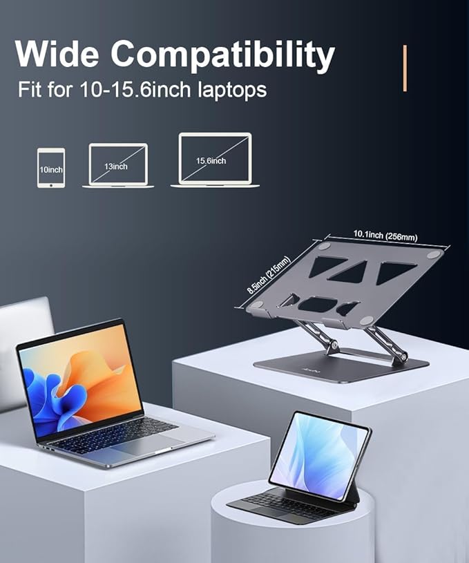 Adjustable Laptop Stand for Desk,Portable Laptop Stand Holder and Riser,Foldable Aluminum Notebook Computer Stands for MacBook Air Pro HP Lenovo Dell Samsung Chromebook, 10-15.6 inch, Grey