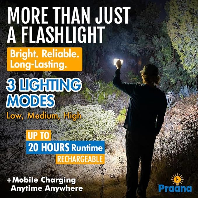 PRAANA Portable Solar Power Bank & Flashlight with 7W Panel – 3in1 Survival Kit | 5000mAh USB-C Charger & 800-Lumen Light | Must-Have Power Backup for Home, Power Outages & Camping | iPhone & Android