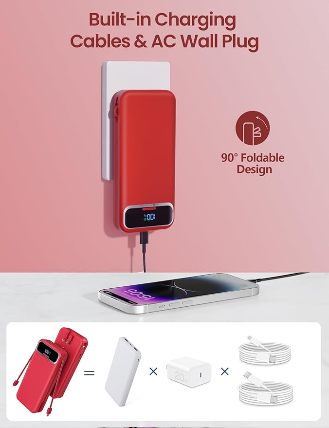 12000mAh Lightweight-Portable-Charger-Power-Bank with Built-in Cables and AC Wall Plug, PD20W USB-C Fast Charging Battery Pack, LED Display External Travel Phone Charger for All iPhone,Samsung,Android