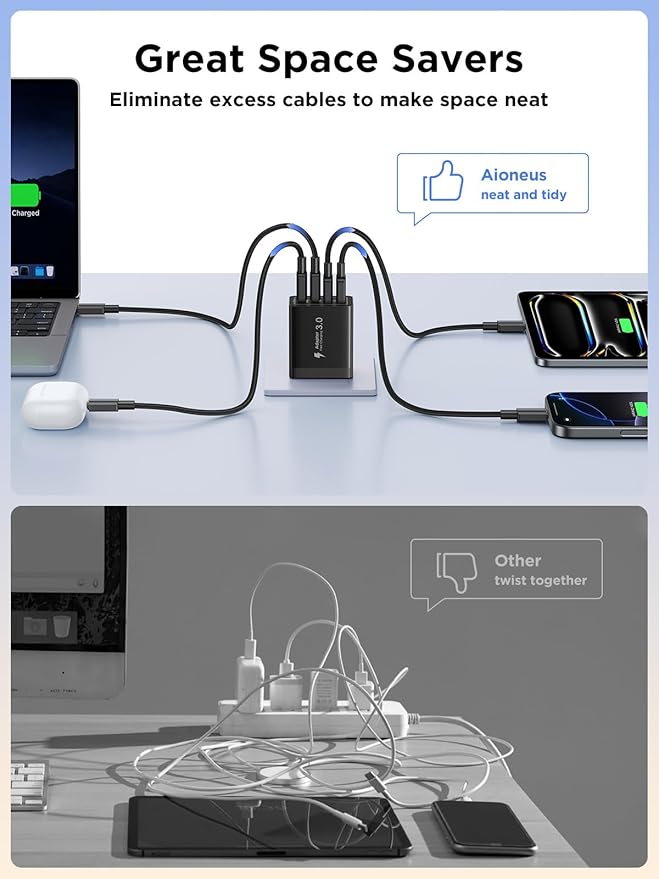40W USB C Charger Cube, 2Pack 4-Ports Wall Plug Fast Charging Block with 6FT USBC to USBC Cord, Multiport Brick Type C Box Compatible with iPhone 16/15, Samsung S25 S24 S23, iPad, Cellphones Charger