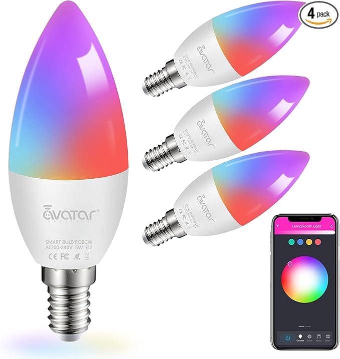 E12 Base Smart Bulb 4 Pack, 5W Candelabra Smart Light Bulbs - Alexa WiFi LED Lights B11 RGBCW Dimmable Color Changing Music Sync, Compatible with Alexa Google Home, 2.4 GHz Wi-Fi