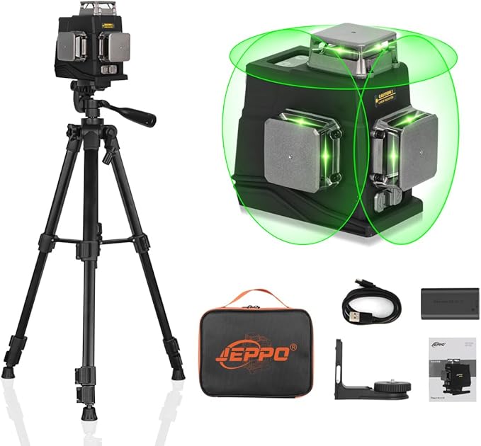 JEPPO Laser Level with Tripod,3D Green Laser Level 3x360 Self Leveling,12 Line Lazer Leveler Tool for Construction,Picture Hanging,APP Remote Control,Rechargeable Battery,Magnetic Rotating Stand