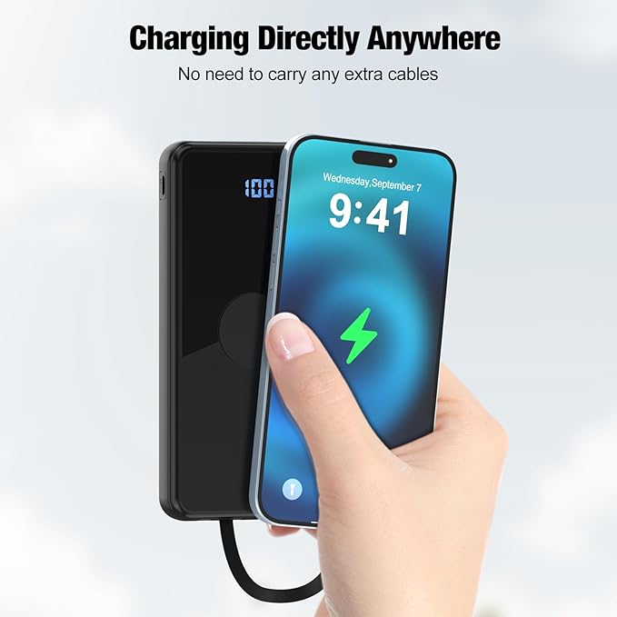 Portable Charger with Built in Cables,High Speed Power Bank 10000mAh Travel Battery Pack 5 Outputs 3 Inputs Portable Phone Charger Backup Battery for iPhone, Samsung, iPad,Tablets (Black)