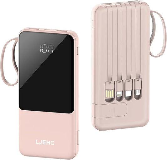 Portable Charger with Built in Cables,10000mAh Slim USB C Power Bank,5 Output 3 Input LED Display High Speed External Battery Pack Travel Phone Charger for iPhone Samsung Pixel LG Moto iPad,Pink