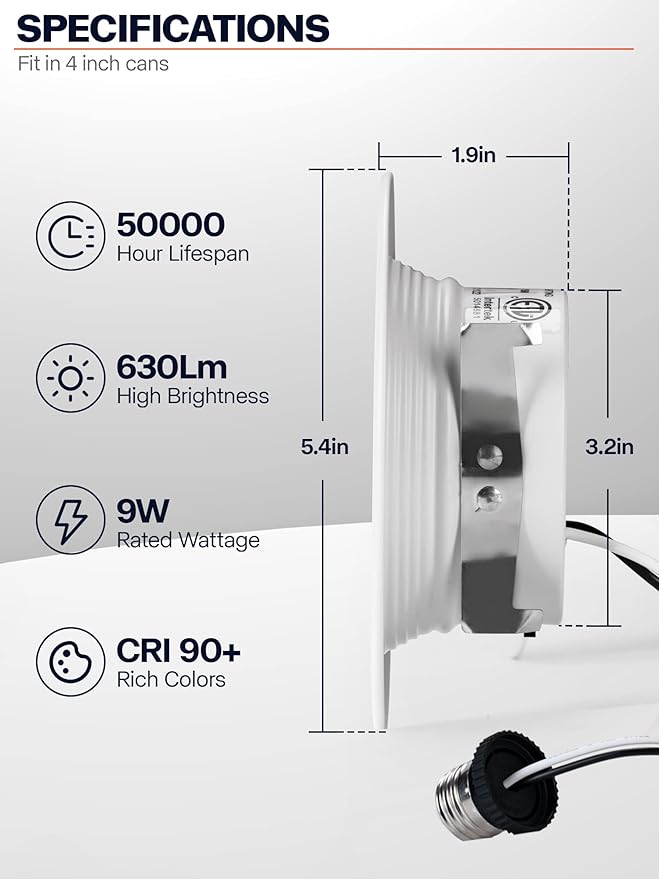 1 Pack 4 Inch LED Can Lights Retrofit Recessed Lighting, 5CCT 4 Inch Recessed Downlight Selectable 2700K-6000K Dimmable, 9W 630LM Recessed Lights with Metal Smooth Trim- ETL and Energy Star Certified