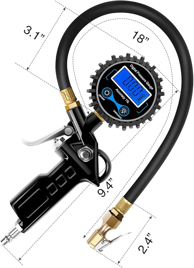 Nilight 50026R Digital Tire Inflator Pressure Gauge,250 PSI Air Chuck and Compressor Accessories Heavy Duty with Rubber Hose Quick Connect Coupler for 0.1 Display Resolution