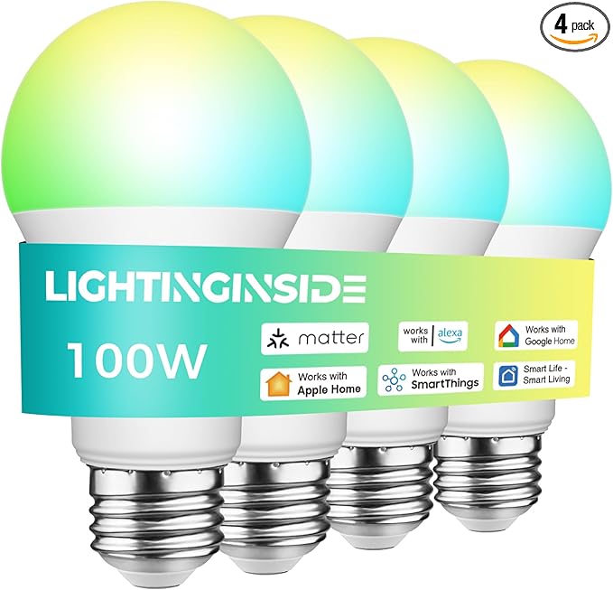 Matter Smart Light Bulbs 100W Equiv, Compatible with Alexa/Apple Home/Siri/Google Home/SmartThings, A19 E26 WiFi RGBCW Color Changing Light Bulb, 11W 1350LM, 2.4G WiFi, ETL Listed, 4PCS