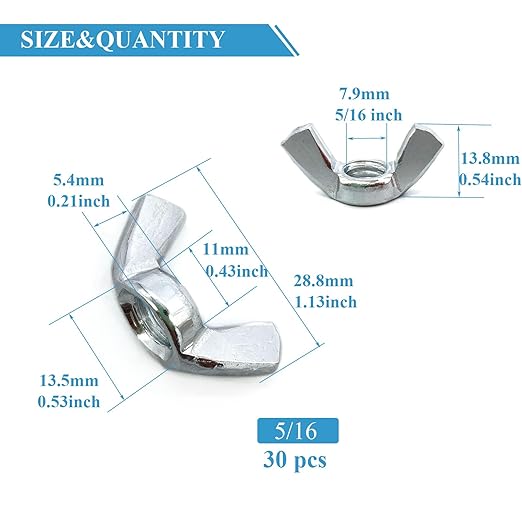 30 PCS 5/16-18 Inch Wingnuts, Quality Carbon Steel Wing Nuts Zinc Plated Fasteners Parts Butterfly Nut, Hand Twist Tighten Hardware Nuts Butterfly Wing-Nut 5/16-18” Assorted Kit