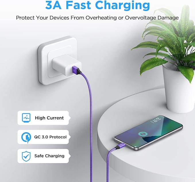 etguuds USB to USB C Cable 3.3ft, 2-Pack USB A to Type C Charger Cord Fast Charging for Samsung Galaxy A15 A25 A35 A55 A54, S24 S23 S22 S21 S20 S10 S10E, Note 20 10, Moto G, for iPhone 16 15, Purple