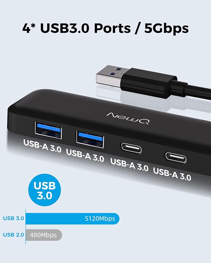 Dual USB C USB A 3.0 Hub: 4 Ports with 2* USB-C 3.0 and 2* USB-A 3.0, Ultra Slim Portable USB Splitter Adapter for Laptop, PS4, Flash Drive, HDD, Xbox, Printer, Mouse, Keyboard, Computer Accessories