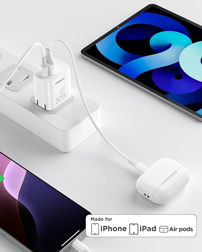 PISEN 30W USB C Charger - PD QC 3.0 Dual Port Charging Block, 30 Watt USB C Charger with 4 FT Type C to L Cable, 30W Fast Charger with Foldable Plug for iPhone 14 13 12 11 Pro Max XR XS X, iPad