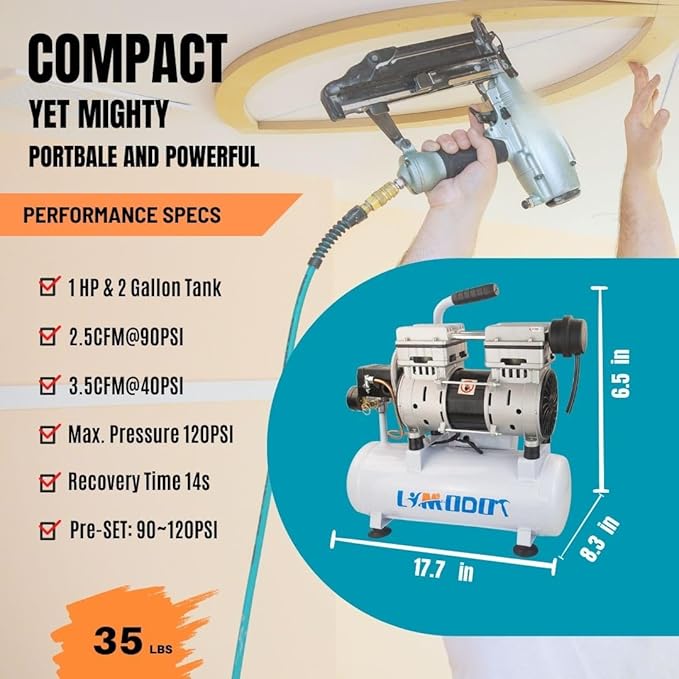 Air Compressor, Ultra Quiet, Only 60dB, 2 Gallon Steel Air Tank, Oil Free, 2.5 CFM at 90 PSI, Fast 14s Recovery Time, Ideal For Shop, Garage, Nail Gun, Pneumatic Tools, 1HP