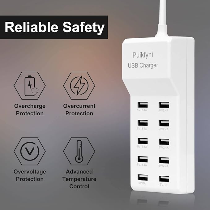 2 Pack 10-Ports USB Charger Station, Family-Sized Desktop USB Rapid Charger,USB Charging hub,Smart USB Charger for Multiple Devices,Smart Watches ,Smart Phones, Tablets (USB-A Port)
