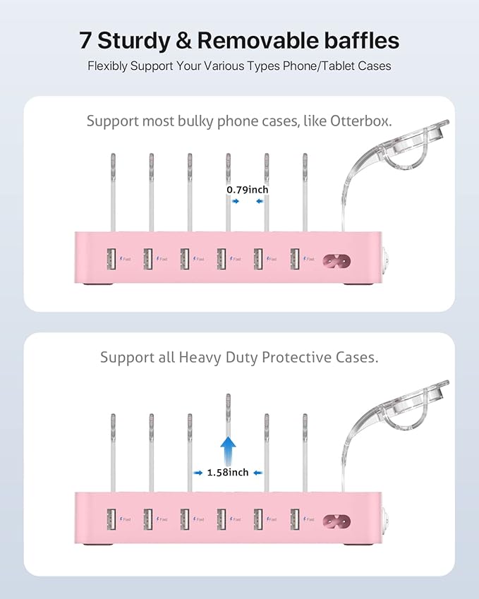 SooPii Premium 6-Port USB Charging Station Organizer for Multiple Devices, 6 Short Charging Cables and One Upgraded i-Watch Charger Holder Included, for Phones,Tablets and Other Electronics, Pink