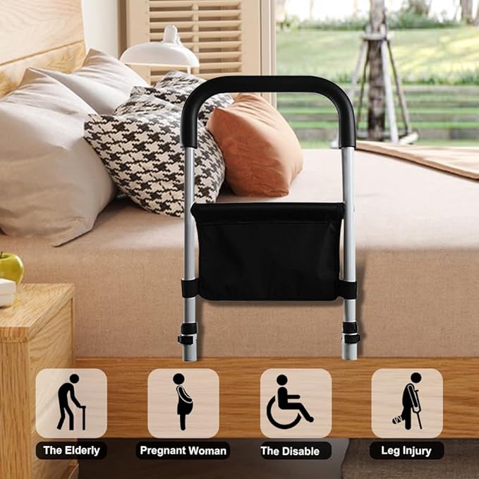 Bed Rails for Elderly Adults Safety, Medical Bed Assist Rail for Seniors, Bed Side Rails for Queen Bed, Height Adjustable Bedside Bed Cane Grab Bar Handle with Storage Bag Fits King Twin Full Size Bed