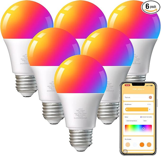 TJOY Smart WiFi Led Bulbs 9W(60W Equivalent), Compatible with Alexa&Google Assistant,Color Changing Light Bulb, A19 E26 800LM(2.4Ghz only),6 Pack